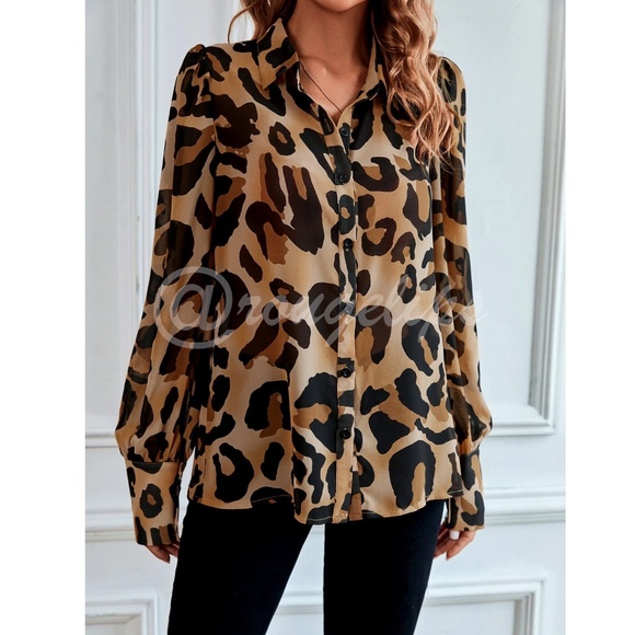 Brown Tan Sheer Button Down Cheetah Leopard Print Blouse Shirt Collared Animal - Picture 6 of 7